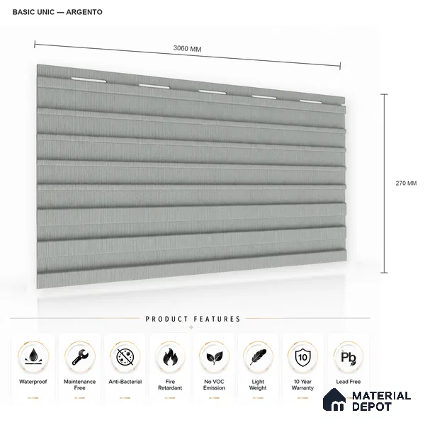 Argento 10 ft x 0.89 ft (3060x270 mm) Unic Design Interior & Exterior Wall & Ceiling Panel - 15 mm | Suitable for Balcony, Facade & Open Area | Width is Subjected to 5% Variation
