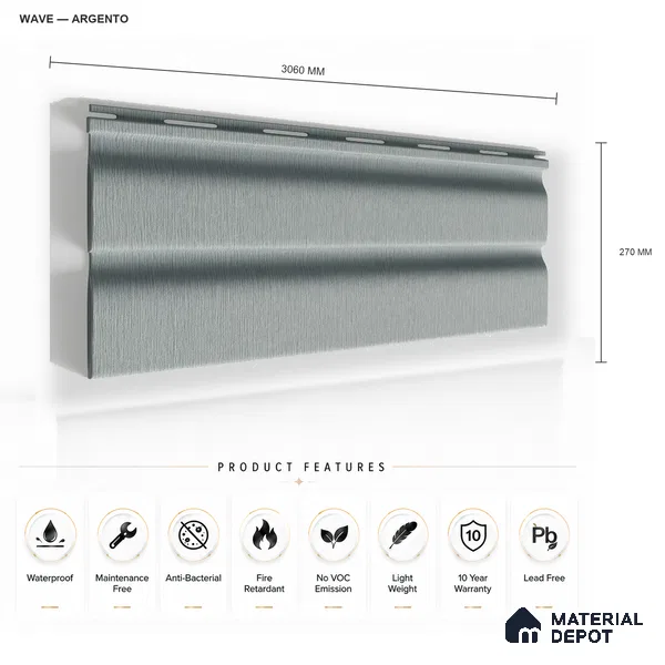 Argento 10 ft x 0.89 ft (3060x270 mm) Wave Design Interior & Exterior Wall & Ceiling Panel - 16 mm | Suitable for Balcony, Facade & Open Area | Width is Subjected to 5% Variation