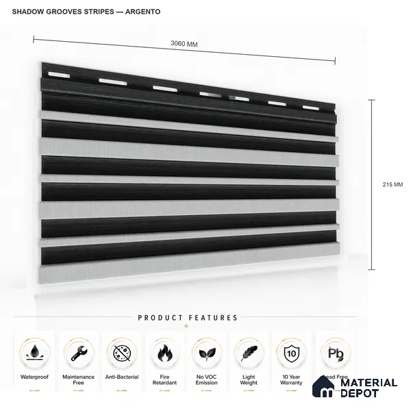 Argento 10 ft x 0.89 ft (3060x270 mm) Stripes Dual Tone Design Interior & Exterior Wall & Ceiling Panel - 20 mm | Suitable for Balcony, Facade & Open Area | Width is Subjected to 5% Variation