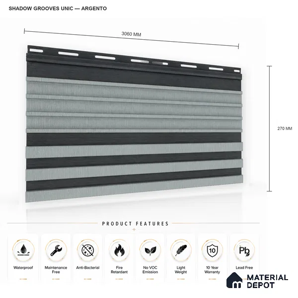 Argento 10 ft x 0.89 ft (3060x270 mm) Unic Dual Tone Design Interior & Exterior Wall & Ceiling Panel - 15 mm | Suitable for Balcony, Facade & Open Area | Width is Subjected to 5% Variation