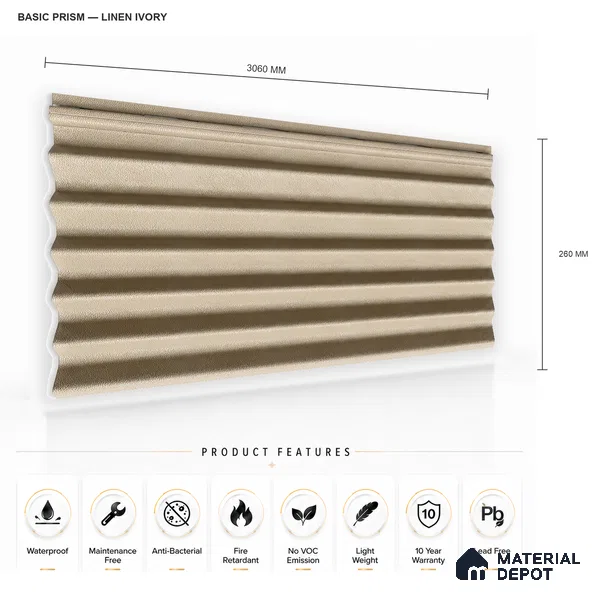 Linen Ivory 10 ft x 0.85 ft (3060x260 mm) Prism Design Interior & Exterior Wall & Ceiling Panel - 21 mm | Suitable for Balcony, Facade & Open Area | Width is Subjected to 5% Variation