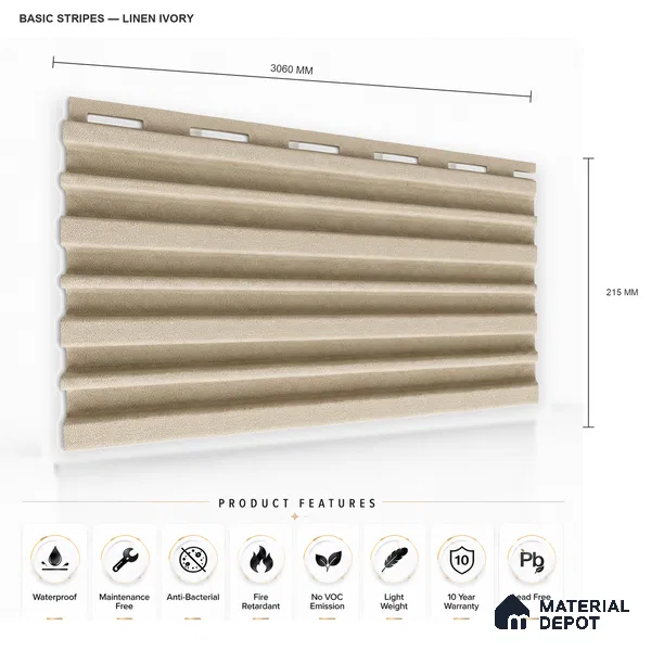 Linen Ivory 10 ft x 0.89 ft (3060x270 mm) Stripes Design Interior & Exterior Wall & Ceiling Panel - 20 mm | Suitable for Balcony, Facade & Open Area | Width is Subjected to 5% Variation
