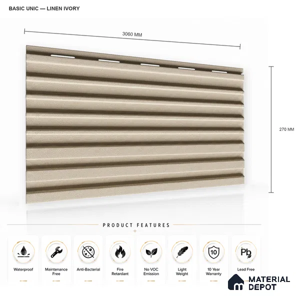 Linen Ivory 10 ft x 0.89 ft (3060x270 mm) Unic Design Interior & Exterior Wall & Ceiling Panel - 15 mm | Suitable for Balcony, Facade & Open Area | Width is Subjected to 5% Variation