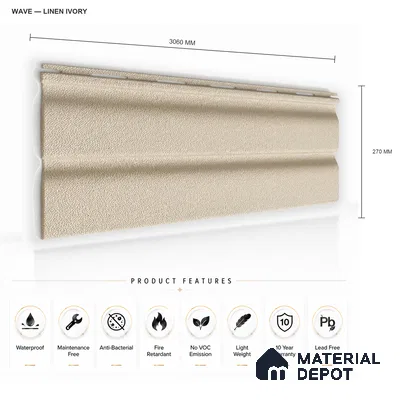 Linen Ivory 10 ft x 0.89 ft (3060x270 mm) Wave Design Interior & Exterior Wall & Ceiling Panel - 16 mm | Suitable for Balcony, Facade & Open Area | Width is Subjected to 5% Variation