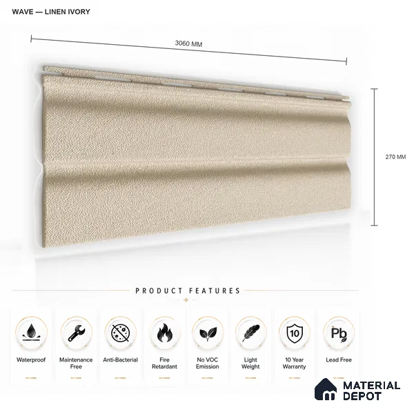 Linen Ivory 10 ft x 0.89 ft (3060x270 mm) Wave Design Interior & Exterior Wall & Ceiling Panel - 16 mm | Suitable for Balcony, Facade & Open Area | Width is Subjected to 5% Variation