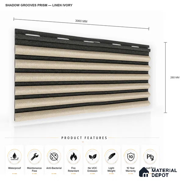 Linen Ivory 10 ft x 0.85 ft (3060x260 mm) Prism Dual Tone Design Interior & Exterior Wall & Ceiling Panel - 21 mm | Suitable for Balcony, Facade & Open Area | Width is Subjected to 5% Variation