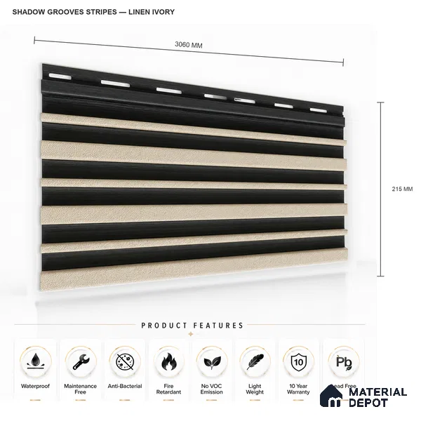 Linen Ivory 10 ft x 0.89 ft (3060x270 mm) Stripes Dual Tone Design Interior & Exterior Wall & Ceiling Panel - 20 mm | Suitable for Balcony, Facade & Open Area | Width is Subjected to 5% Variation