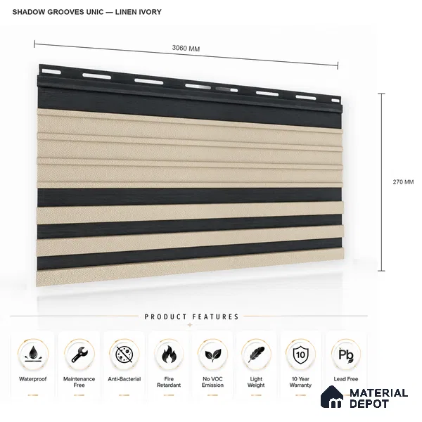 Linen Ivory 10 ft x 0.89 ft (3060x270 mm) Unic Dual Tone Design Interior & Exterior Wall & Ceiling Panel - 15 mm | Suitable for Balcony, Facade & Open Area | Width is Subjected to 5% Variation