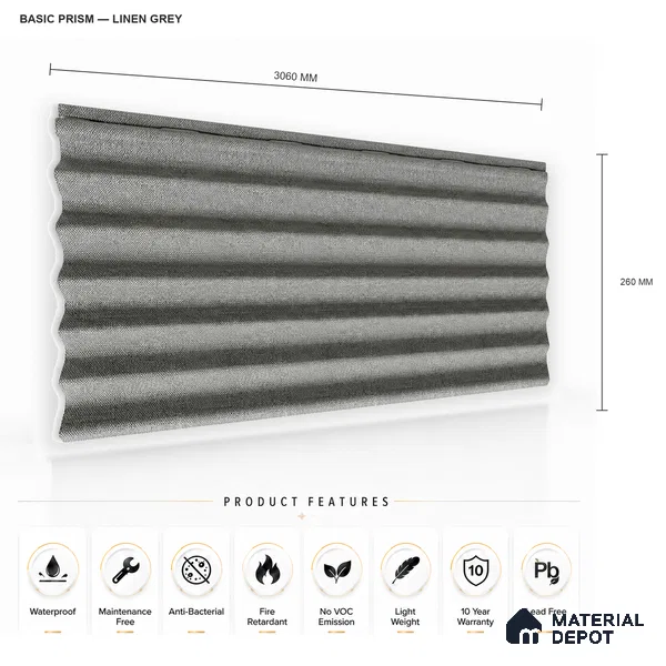 Linen Grey 10 ft x 0.85 ft (3060x260 mm) Prism Design Interior & Exterior Wall & Ceiling Panel - 21 mm | Suitable for Balcony, Facade & Open Area | Width is Subjected to 5% Variation