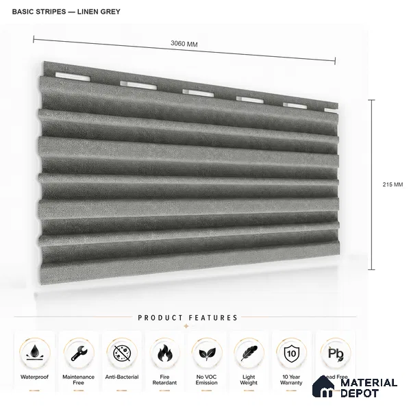 Linen Grey 10 ft x 0.89 ft (3060x270 mm) Stripes Design Interior & Exterior Wall & Ceiling Panel - 20 mm | Suitable for Balcony, Facade & Open Area | Width is Subjected to 5% Variation