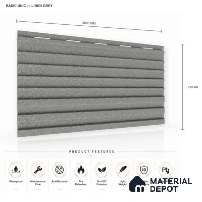 Linen Grey 10 ft x 0.89 ft (3060x270 mm) Unic Design Interior & Exterior Wall & Ceiling Panel - 15 mm | Suitable for Balcony, Facade & Open Area | Width is Subjected to 5% Variation