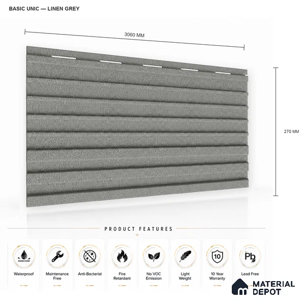Linen Grey 10 ft x 0.89 ft (3060x270 mm) Unic Design Interior & Exterior Wall & Ceiling Panel - 15 mm | Suitable for Balcony, Facade & Open Area | Width is Subjected to 5% Variation