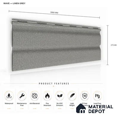 Linen Grey 10 ft x 0.89 ft (3060x270 mm) Wave Design Interior & Exterior Wall & Ceiling Panel - 16 mm | Suitable for Balcony, Facade & Open Area | Width is Subjected to 5% Variation