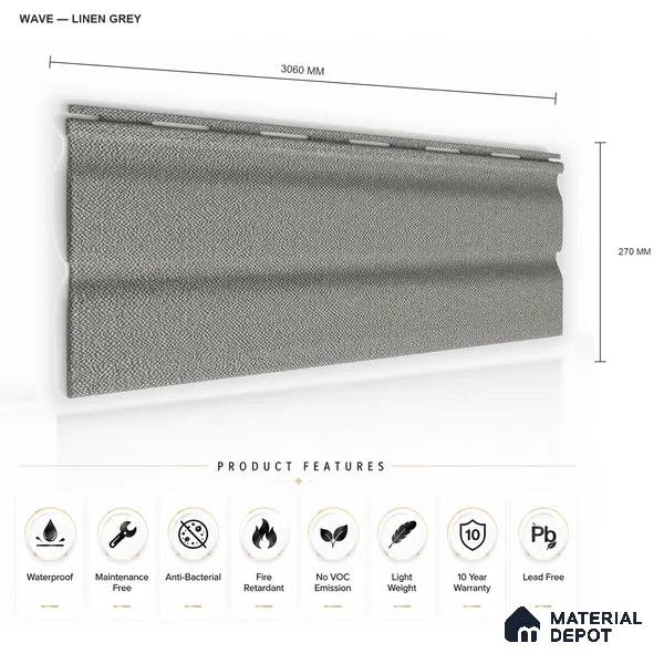 Linen Grey 10 ft x 0.89 ft (3060x270 mm) Wave Design Interior & Exterior Wall & Ceiling Panel - 16 mm | Suitable for Balcony, Facade & Open Area | Width is Subjected to 5% Variation