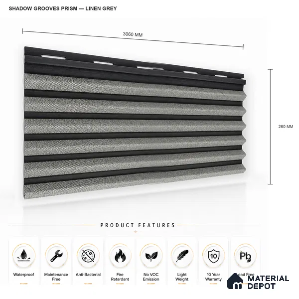Linen Grey 10 ft x 0.85 ft (3060x260 mm) Prism Dual Tone Design Interior & Exterior Wall & Ceiling Panel - 21 mm | Suitable for Balcony, Facade & Open Area | Width is Subjected to 5% Variation