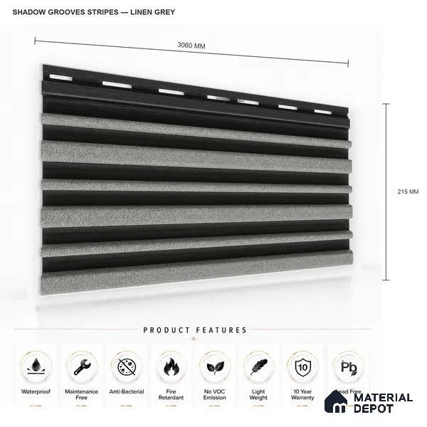 Linen Grey 10 ft x 0.89 ft (3060x270 mm) Stripes Dual Tone Design Interior & Exterior Wall & Ceiling Panel - 20 mm | Suitable for Balcony, Facade & Open Area | Width is Subjected to 5% Variation