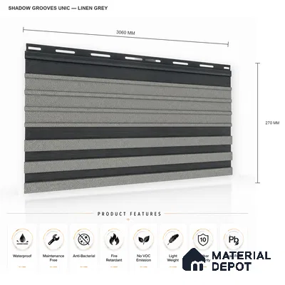 Linen Grey 10 ft x 0.89 ft (3060x270 mm) Unic Dual Tone Design Interior & Exterior Wall & Ceiling Panel - 15 mm | Suitable for Balcony, Facade & Open Area | Width is Subjected to 5% Variation