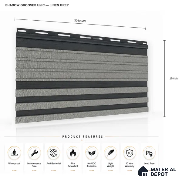 Linen Grey 10 ft x 0.89 ft (3060x270 mm) Unic Dual Tone Design Interior & Exterior Wall & Ceiling Panel - 15 mm | Suitable for Balcony, Facade & Open Area | Width is Subjected to 5% Variation
