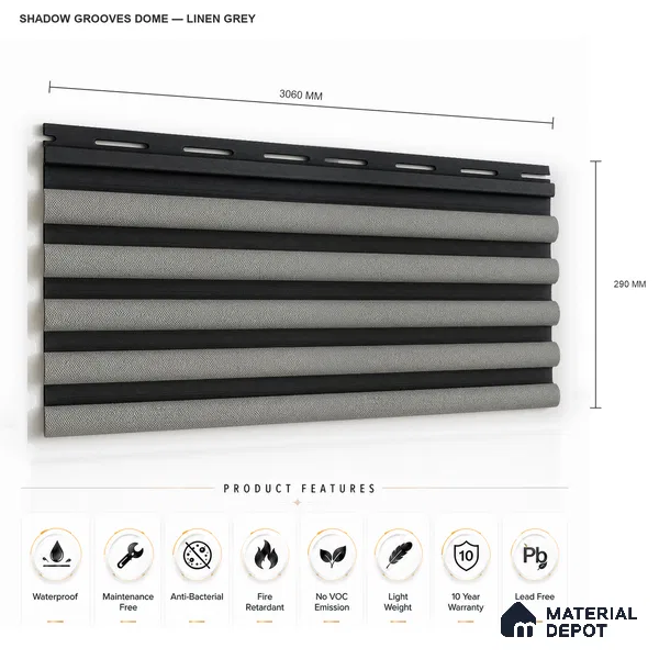 Linen Grey 10 ft x 0.7 ft (3060x215 mm) Dome Dual Black Design Interior & Exterior Wall & Ceiling Panel - 20 mm | Suitable for Balcony, Facade & Open Area | Width is Subjected to 5% Variation