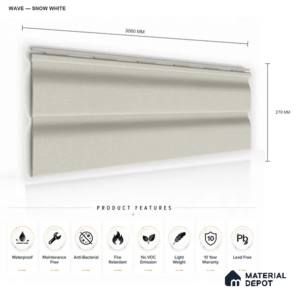 Snow White 10 ft x 0.89 ft (3060x270 mm) Wave Pastel Design Interior & Exterior Wall & Ceiling Panel - 16 mm | Suitable for Balcony, Facade & Open Area | Width is Subjected to 5% Variation