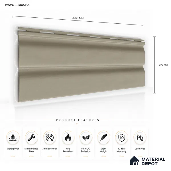 Mocha 10 ft x 0.89 ft (3060x270 mm) Wave Pastel Design Interior & Exterior Wall & Ceiling Panel - 16 mm | Suitable for Balcony, Facade & Open Area | Width is Subjected to 5% Variation