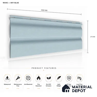 Sky Blue 10 ft x 0.89 ft (3060x270 mm) Wave Pastel Design Interior & Exterior Wall & Ceiling Panel - 16 mm | Suitable for Balcony, Facade & Open Area | Width is Subjected to 5% Variation
