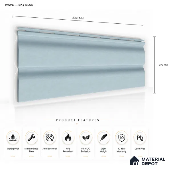 Sky Blue 10 ft x 0.89 ft (3060x270 mm) Wave Pastel Design Interior & Exterior Wall & Ceiling Panel - 16 mm | Suitable for Balcony, Facade & Open Area | Width is Subjected to 5% Variation