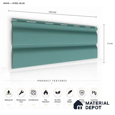 Steel Blue 10 ft x 0.89 ft (3060x270 mm) Wave Pastel Design Interior & Exterior Wall & Ceiling Panel - 16 mm | Suitable for Balcony, Facade & Open Area | Width is Subjected to 5% Variation