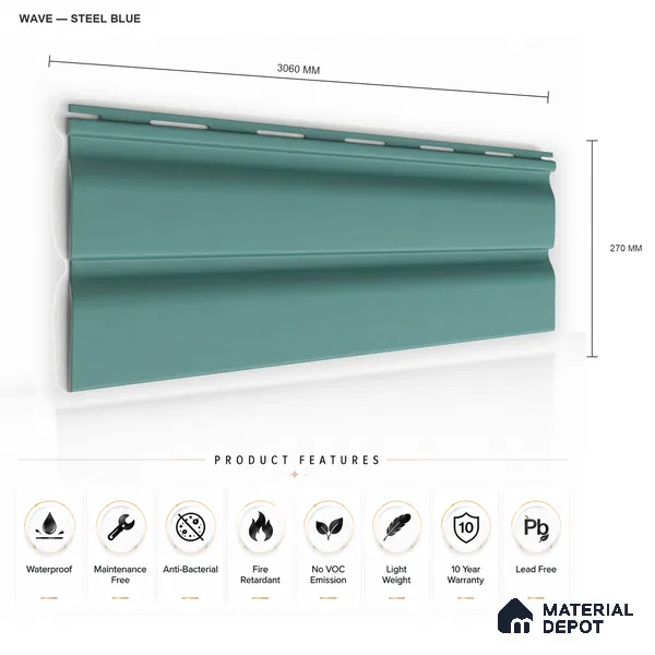 Steel Blue 10 ft x 0.89 ft (3060x270 mm) Wave Pastel Design Interior & Exterior Wall & Ceiling Panel - 16 mm | Suitable for Balcony, Facade & Open Area | Width is Subjected to 5% Variation