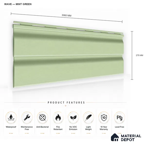 Mint Green 10 ft x 0.89 ft (3060x270 mm) Wave Pastel Design Interior & Exterior Wall & Ceiling Panel - 16 mm | Suitable for Balcony, Facade & Open Area | Width is Subjected to 5% Variation