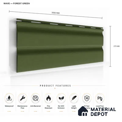 Forest Green 10 ft x 0.89 ft (3060x270 mm) Wave Pastel Design Interior & Exterior Wall & Ceiling Panel - 16 mm | Suitable for Balcony, Facade & Open Area | Width is Subjected to 5% Variation