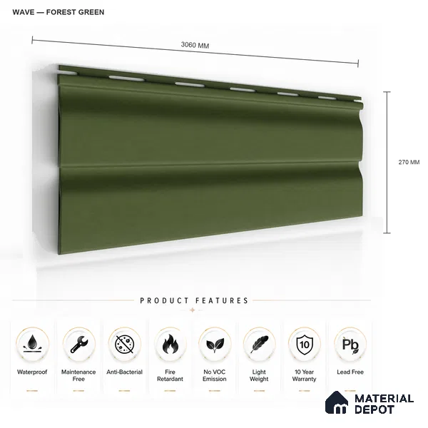 Forest Green 10 ft x 0.89 ft (3060x270 mm) Wave Pastel Design Interior & Exterior Wall & Ceiling Panel - 16 mm | Suitable for Balcony, Facade & Open Area | Width is Subjected to 5% Variation