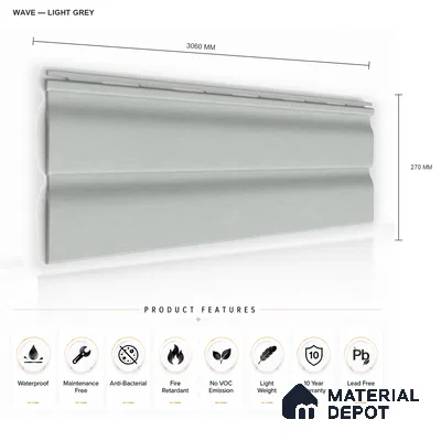 Light Grey 10 ft x 0.89 ft (3060x270 mm) Wave Pastel Design Interior & Exterior Wall & Ceiling Panel - 16 mm | Suitable for Balcony, Facade & Open Area | Width is Subjected to 5% Variation