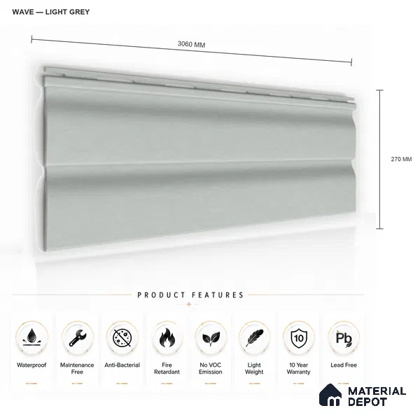 Light Grey 10 ft x 0.89 ft (3060x270 mm) Wave Pastel Design Interior & Exterior Wall & Ceiling Panel - 16 mm | Suitable for Balcony, Facade & Open Area | Width is Subjected to 5% Variation