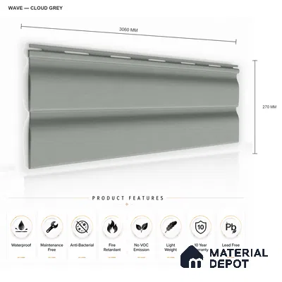 Cloud Grey 10 ft x 0.89 ft (3060x270 mm) Wave Pastel Design Interior & Exterior Wall & Ceiling Panel - 16 mm | Suitable for Balcony, Facade & Open Area | Width is Subjected to 5% Variation