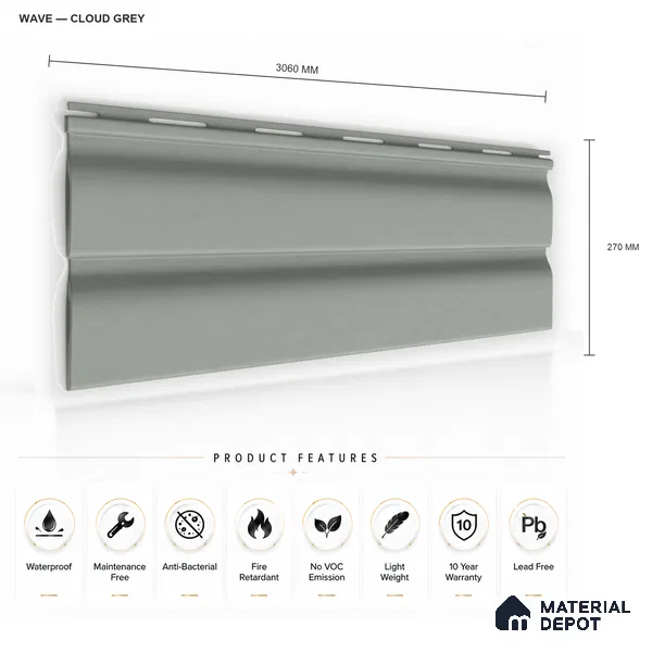 Cloud Grey 10 ft x 0.89 ft (3060x270 mm) Wave Pastel Design Interior & Exterior Wall & Ceiling Panel - 16 mm | Suitable for Balcony, Facade & Open Area | Width is Subjected to 5% Variation