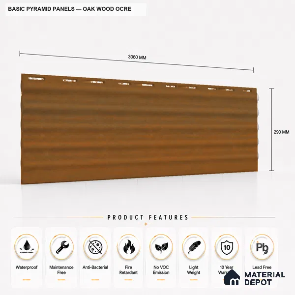 Oak Wood Ocre 10 ft x 0.45 ft (3060x140 mm) Pyramid Design Interior & Exterior Wall & Ceiling Panel - 14 mm | Suitable for Balcony, Facade & Open Area | Width is Subjected to 5% Variation