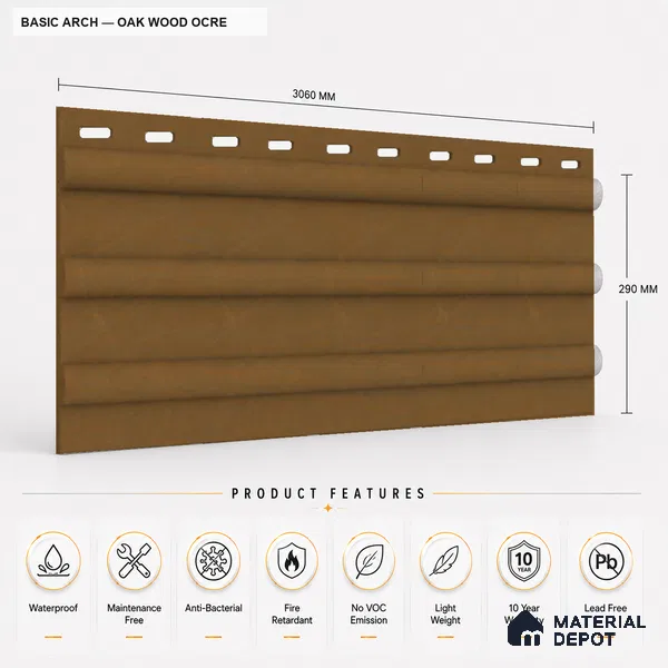 Oak Wood Ocre 10 ft x 0.6 ft (3060x180 mm) Arch Design Interior & Exterior Wall & Ceiling Panel - 17 mm | Suitable for Balcony, Facade & Open Area | Width is Subjected to 5% Variation