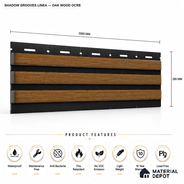 Oak Wood Ocre 10 ft x 0.5 ft (3060x150 mm) Dual Tone Linea Design Interior & Exterior Wall & Ceiling Panel - 15 mm | Suitable for Balcony, Facade & Open Area | Width is Subjected to 5% Variation