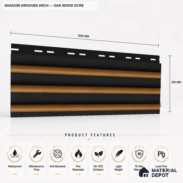 Oak Wood Ocre 10 ft x 0.6 ft (3060x180 mm) Dual Tone Arch Design Interior & Exterior Wall & Ceiling Panel - 17 mm | Suitable for Balcony, Facade & Open Area | Width is Subjected to 5% Variation