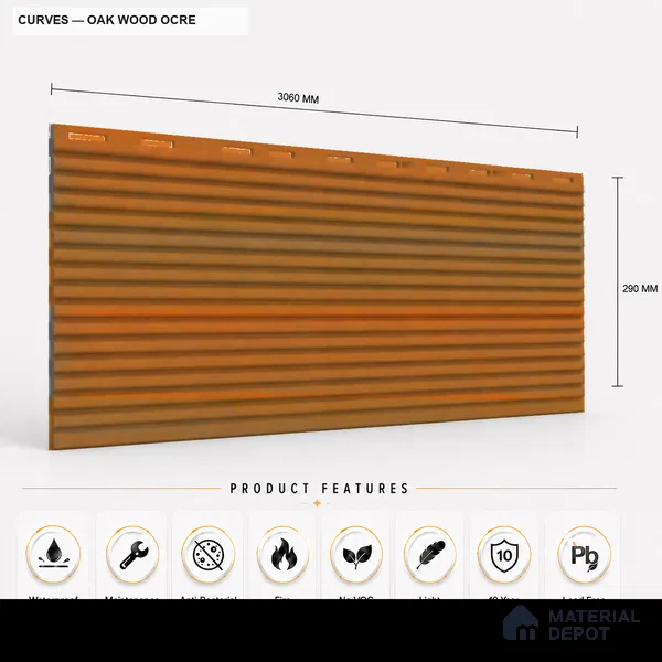 Oak Wood Ocre 10 ft x 0.68 ft (3060x208 mm) Curve Design Interior & Exterior Wall & Ceiling Panel - 10 mm | Suitable for Balcony, Facade & Open Area | Width is Subjected to 5% Variation