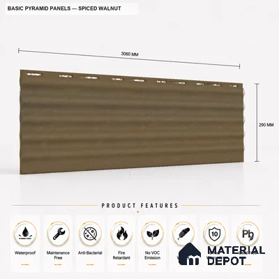 Spiced Walnut 10 ft x 0.45 ft (3060x140 mm) Pyramid Design Interior & Exterior Wall & Ceiling Panel - 14 mm | Suitable for Balcony, Facade & Open Area | Width is Subjected to 5% Variation