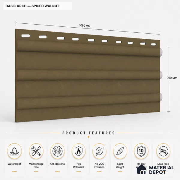 Spiced Walnut 10 ft x 0.6 ft (3060x180 mm) Arch Design Interior & Exterior Wall & Ceiling Panel - 17 mm | Suitable for Balcony, Facade & Open Area | Width is Subjected to 5% Variation