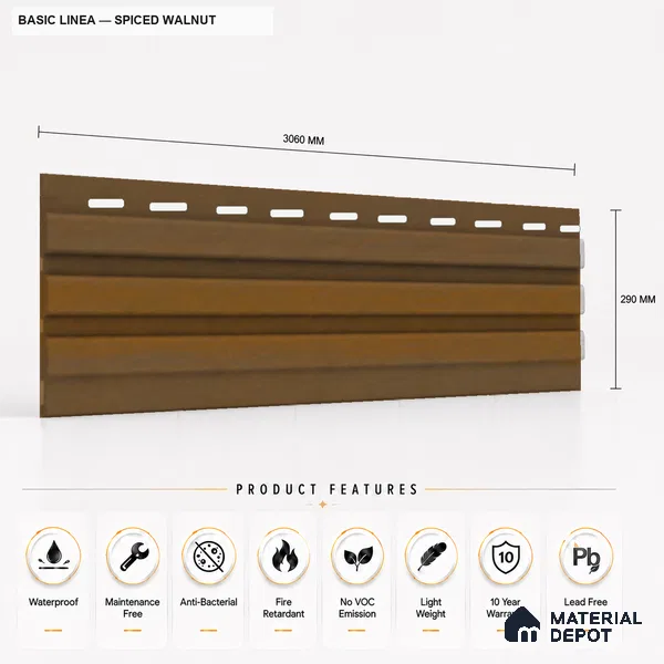Spiced Walnut 10 ft x 0.5 ft (3060x150 mm) Linea Design Interior & Exterior Wall & Ceiling Panel - 15 mm | Suitable for Balcony, Facade & Open Area | Width is Subjected to 5% Variation