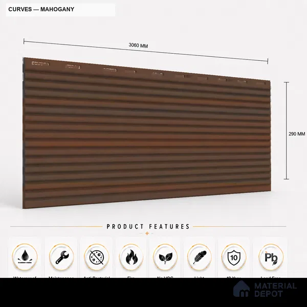 Mahogany 10 ft x 0.68 ft (3060x208 mm) Curve Design Interior & Exterior Wall & Ceiling Panel - 10 mm | Suitable for Balcony, Facade & Open Area | Width is Subjected to 5% Variation