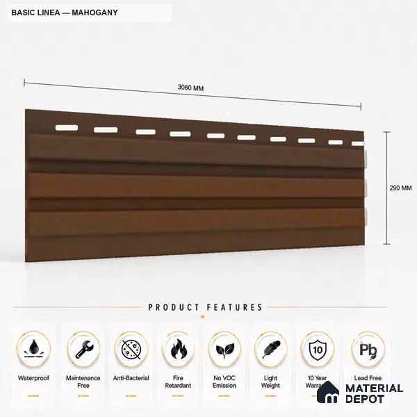 Mahogany 10 ft x 0.5 ft (3060x150 mm) Linea Design Interior & Exterior Wall & Ceiling Panel - 15 mm | Suitable for Balcony, Facade & Open Area | Width is Subjected to 5% Variation