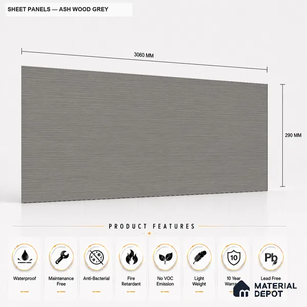 Ash Wood Grey 10 ft x 1.3 ft (3060x400 mm) Sheet Design Interior & Exterior Wall & Ceiling Panel - 1.1 mm | Suitable for Balcony, Facade & Open Area | Width is Subjected to 5% Variation