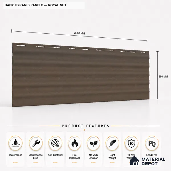 Royal Nut 10 ft x 0.45 ft (3060x140 mm) Pyramid Design Interior & Exterior Wall & Ceiling Panel - 14 mm | Suitable for Balcony, Facade & Open Area | Width is Subjected to 5% Variation