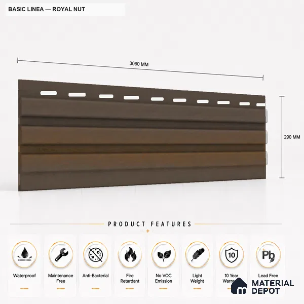 Royal Nut 10 ft x 0.5 ft (3060x150 mm) Linea Design Interior & Exterior Wall & Ceiling Panel - 15 mm | Suitable for Balcony, Facade & Open Area | Width is Subjected to 5% Variation