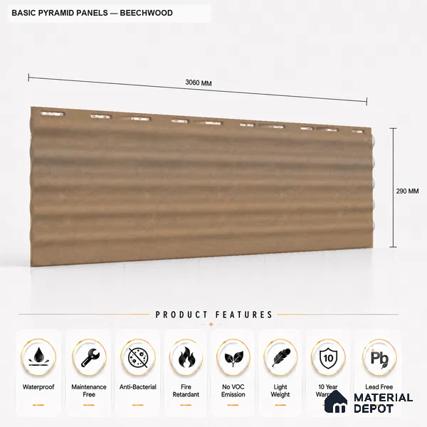 Beech Wood 10 ft x 0.45 ft (3060x140 mm) Pyramid Design Interior & Exterior Wall & Ceiling Panel - 14 mm | Suitable for Balcony, Facade & Open Area | Width is Subjected to 5% Variation